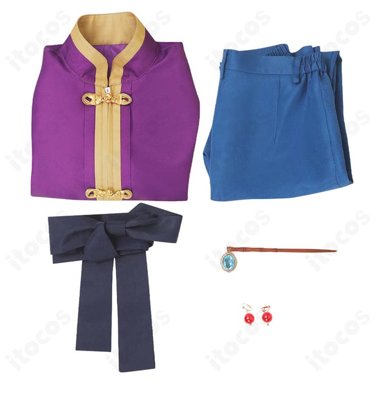 ピーチ姫カンフー衣装のセット内容一式（上着・ズボン・帯・髪飾り）を並べたカット