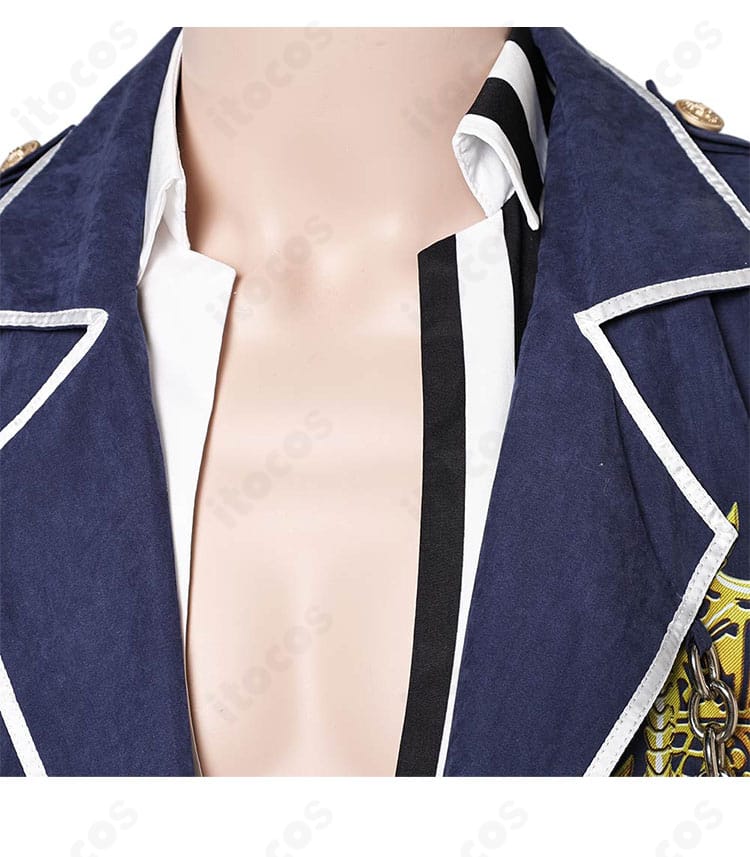 鉄拳8版スティーブ・フォックス コスの襟元装飾。細部の縫製と端処理が分かるアップ。