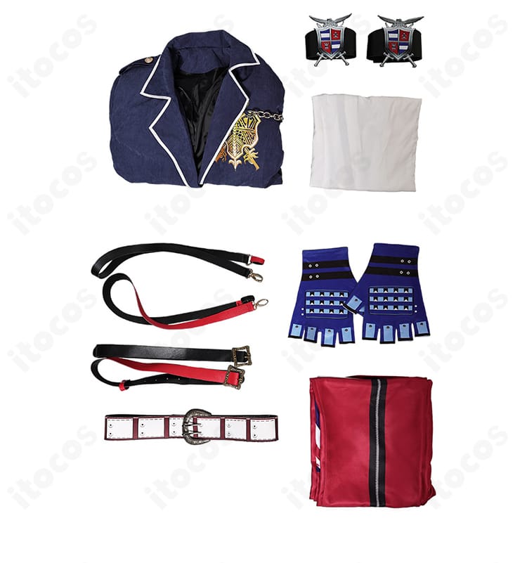 スティーブ・フォックス コスプレ衣装のセット一覧。コート、シャツ、ズボン、手袋、各種ベルトが揃うフルセット。