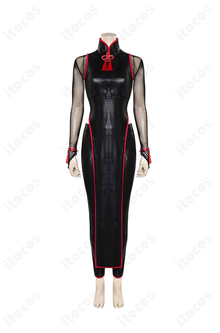 ストリートファイター6 A.K.I. 通常衣装の正面全身。襟元の赤いスカーフと刺繍ディテールがわかる高再現コスプレ衣装