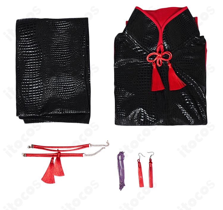 A.K.I. コスプレ衣装セット内容一式。上着・ズボン・耳飾り・手首飾り・装飾の同梱アイテム一覧