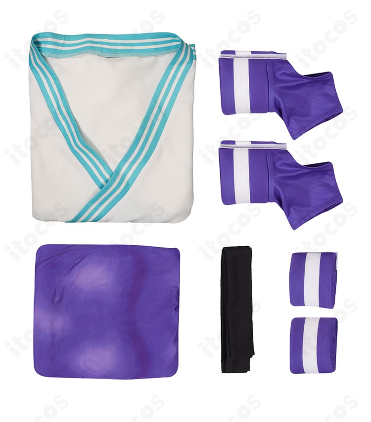 ストリートファイター6 マノン コスプレ衣装 セット内容一覧。レオタード、コート、帯、手首飾り、足首飾りを見やすく配置。