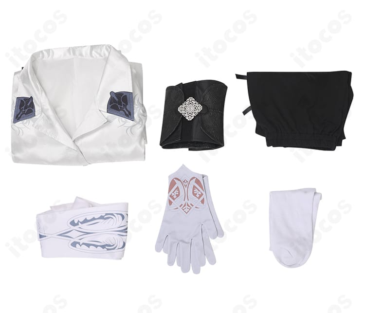 風間 準 コスプレ衣装のセット内容一式。ズボン、ワンピース、コルセットベルト、髪飾り、手袋、靴下を並べて表示。