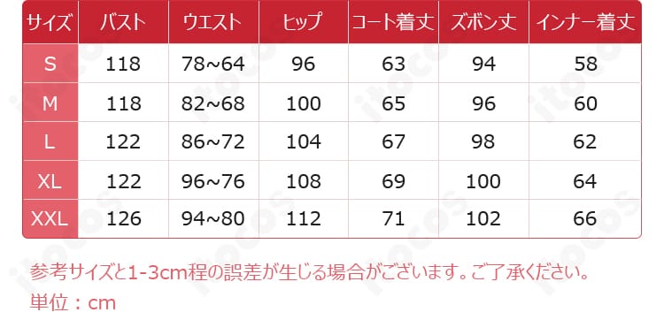 サイズガイド表。S〜XLおよびオーダーメイド対応の採寸基準を示す参考画像