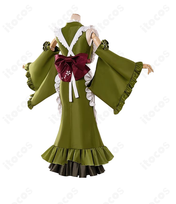 初音ミク 抹茶パフェ風コスプレ衣装の背面。大きなリボンと背中のラインが分かる後ろ姿。