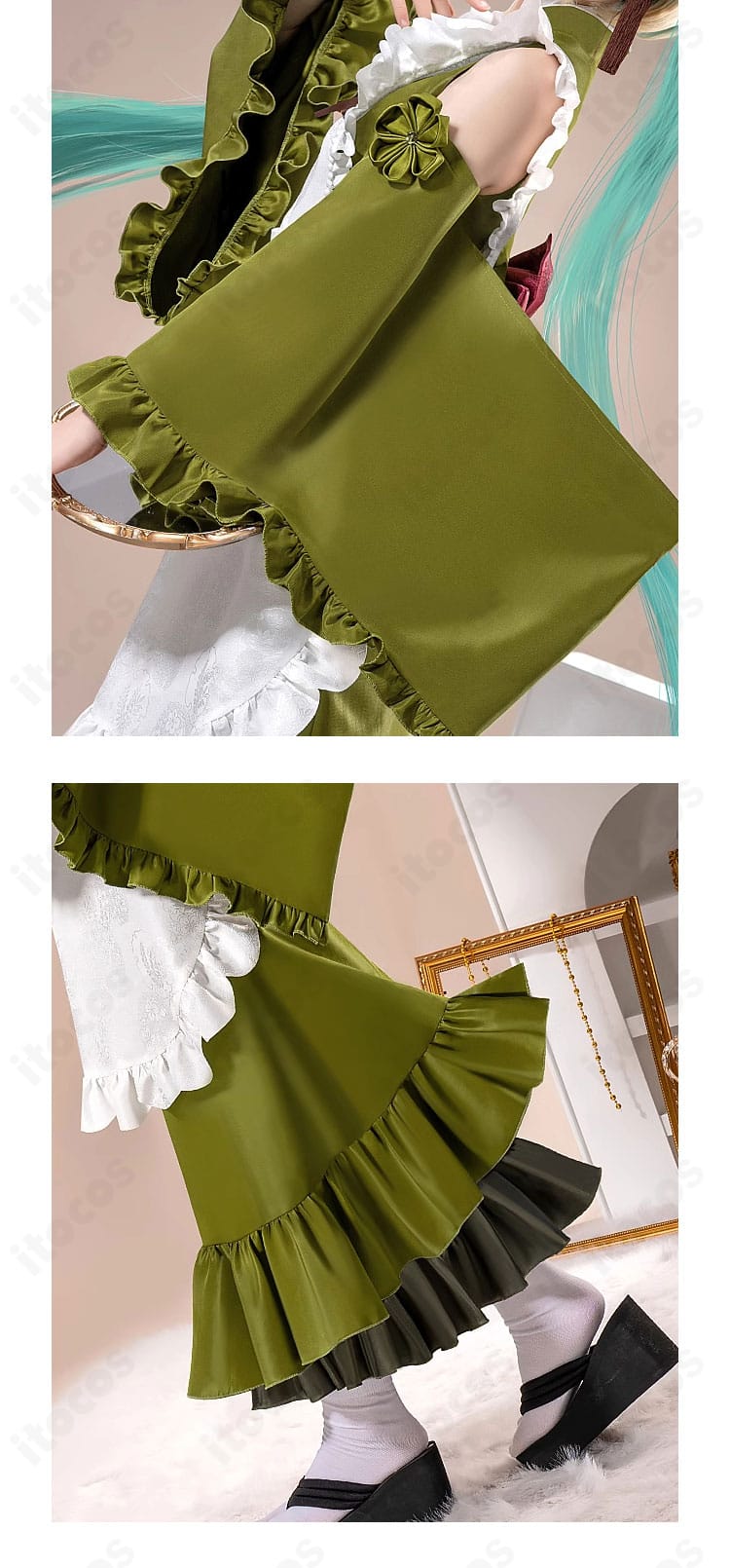 初音ミク コスプレ衣装の左襟のアップ。縁取りと配色が美しく、清楚な印象を強調。