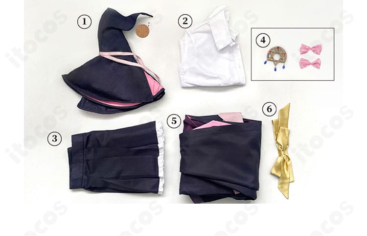 イレイナ「灰の魔女」コスプレ衣装のセット内容一式。帽子、シャツ、スカート、胸飾り、コート、スカーフのフルセットを並べた画像。