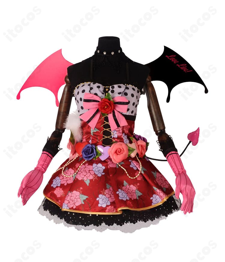 商品正面の全体画像。ラブライブ！スクフェス 東條希 小悪魔編 覚醒後コスプレ衣装の全景と色使い、蝶の花飾りが分かる写真