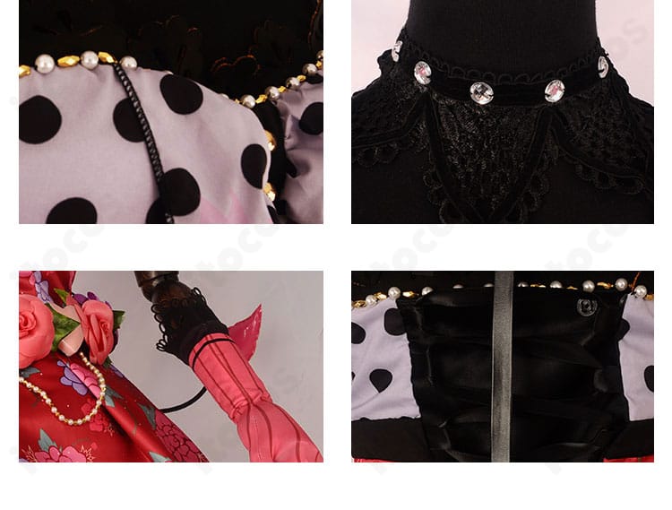 刺繍やアクセサリーのクローズアップ。小悪魔モチーフの装飾と質感を詳細に示す写真