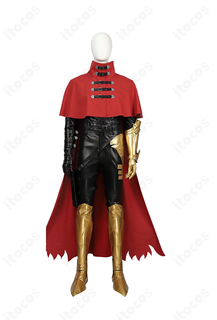 ファイナルファンタジーVII ヴィンセント・ヴァレンタイン コスプレ衣装の正面全体。深紅のマントと金色手甲を忠実に再現したセット一式。