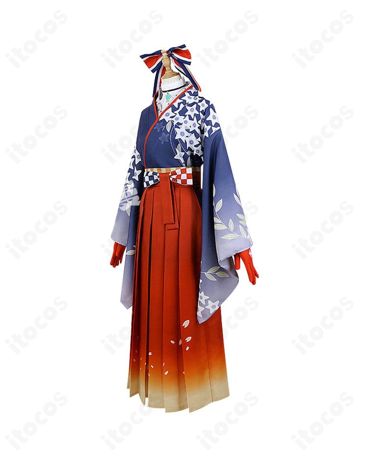 ホロライブ 不知火フレア 正月衣装コスプレの側面図。タックの入った袴の落ち感と芯入り帯の立体感、髪飾りの位置関係が確認できる画像。