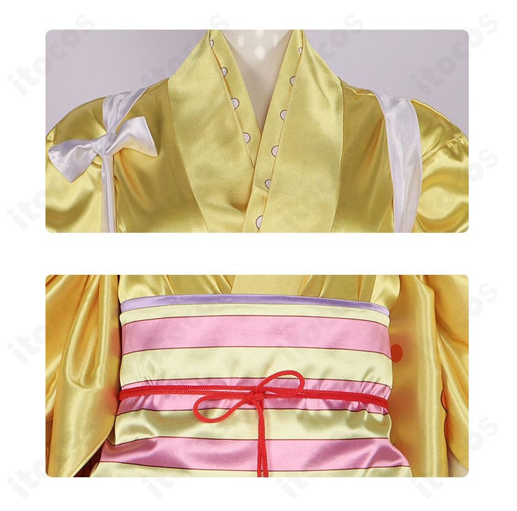 ONE PIECE 菊の丞 コスプレ衣装の襟元と腰封の装飾ディテール。縁取りとステッチワークの再現性を強調したクローズアップ。