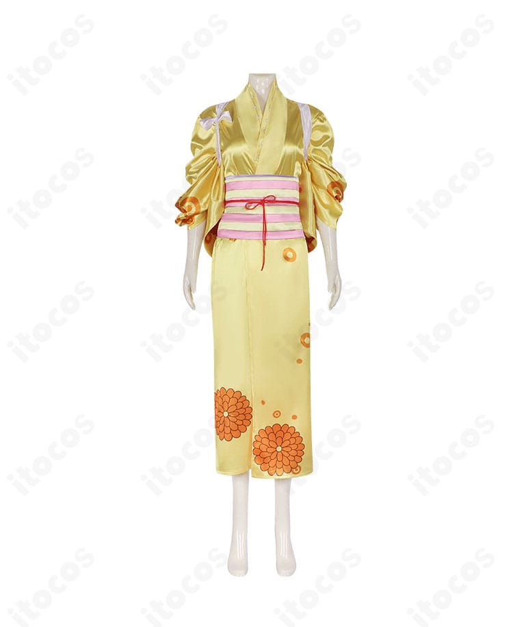 ONE PIECE 菊の丞 コスプレ衣装の正面全身。襟元と腰封のバランスが整った和装シルエットを高再現で撮影した画像。