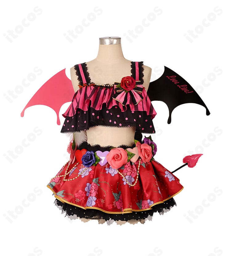 ラブライブ！スクフェス 星空凛 小悪魔編「凛のお願い！」覚醒後コスプレ衣装の正面全体。高発色ツイルとサテンの配色、胸元リボンが分かる構図。