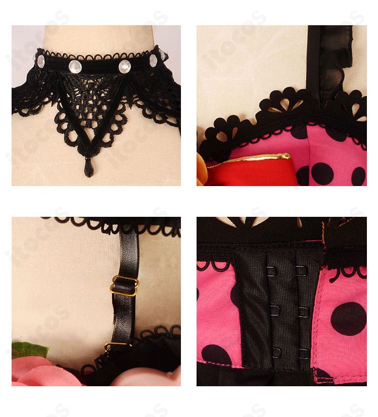 絢瀬絵里コスプレ衣装の装飾ディテール。花柄刺繍とアクセサリー風パーツの質感が分かる接写。