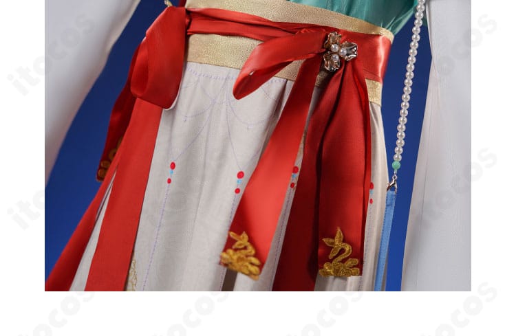 曲娘コスプレのコルセットベルトと紐飾りの詳細。ウエストを強調し立ち姿を端正に演出。