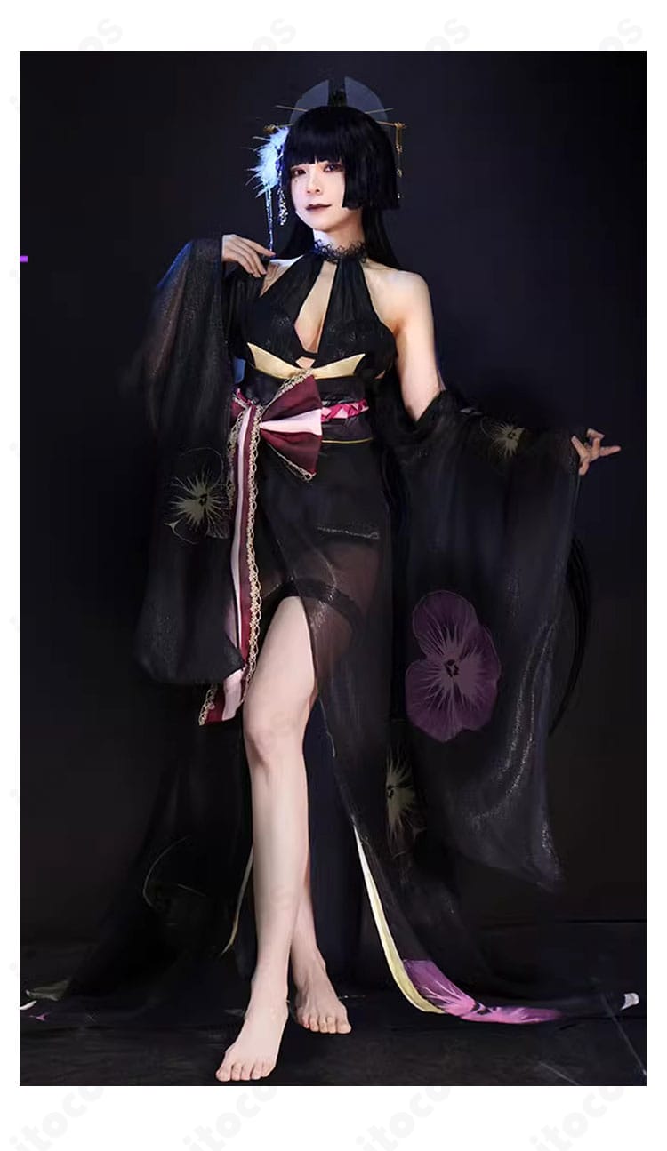 無期迷途 菫「長夜に花」衣装の左サイド。腰帯や太もも飾りの位置関係が見える着用画像