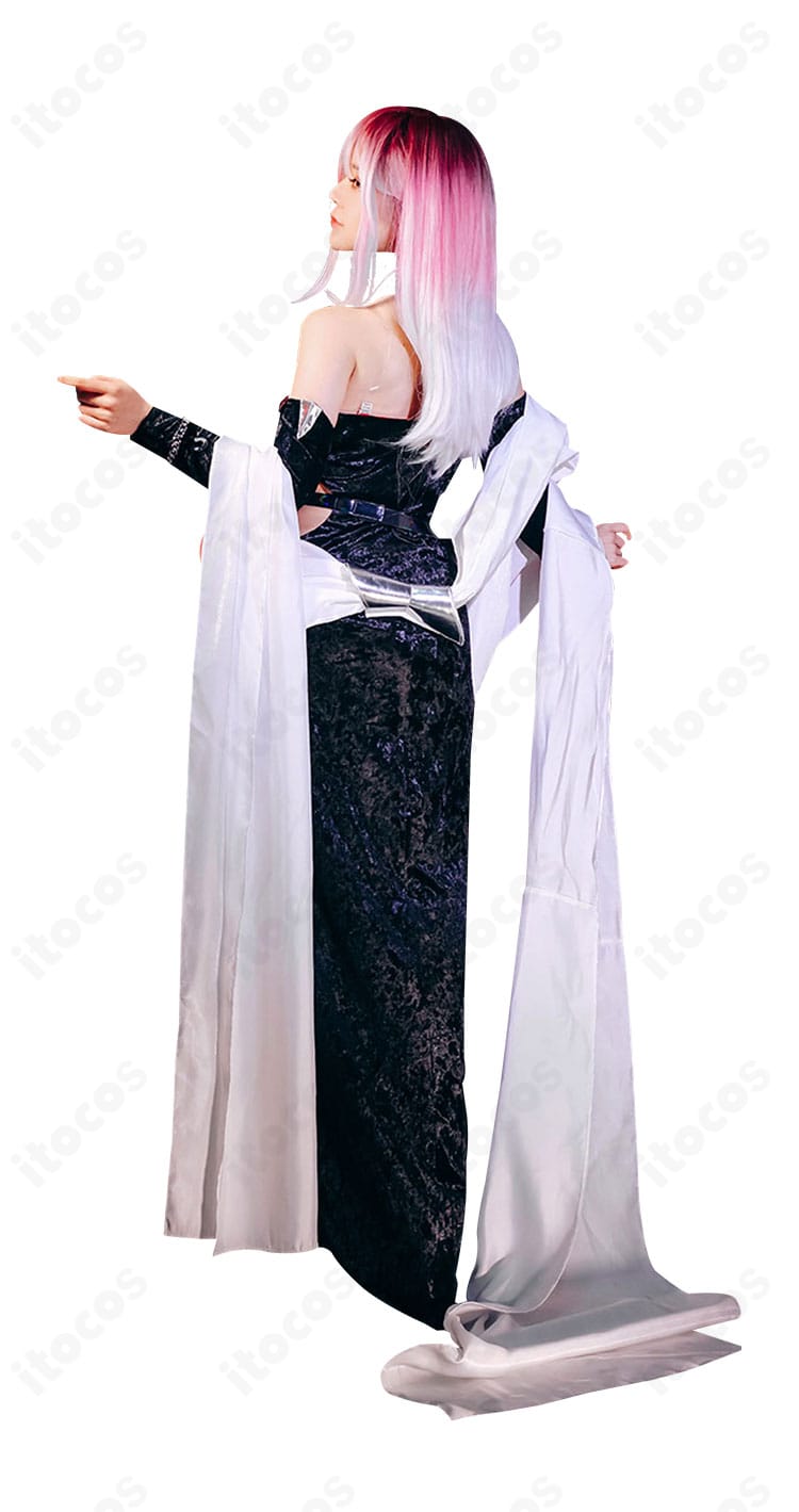 無期迷途 シャローム 昼の如き夜光 コスプレ衣装の背面着用イメージ。バックの開きとベルト配置が分かる角度。