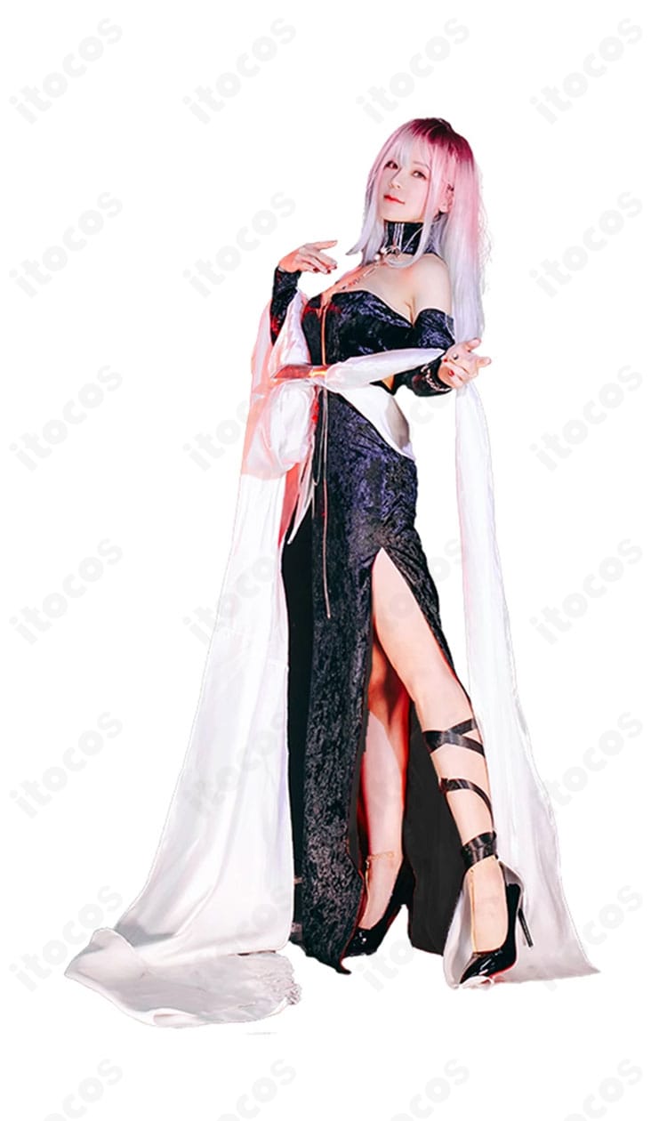 無期迷途 シャローム 昼の如き夜光 コスプレ衣装の右側面着用イメージ。ドレスのラインとストールの落ち感を確認。