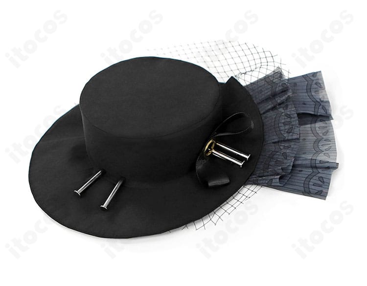 ネクロ・ロギスト 帽子の装飾ディテール。刺繍と装飾パーツでキャラクター性を表現