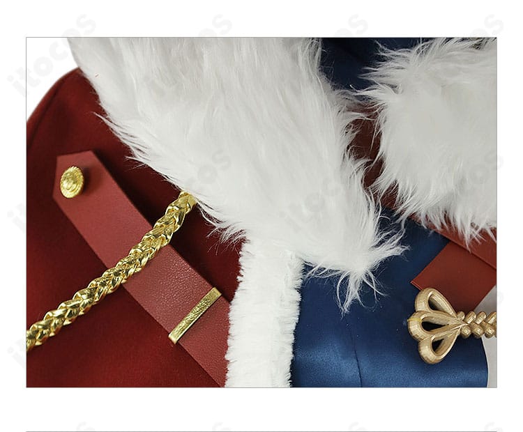 リバース：1999 エニセイ コスプレ衣装のマント襟元。白いふわふわ装飾と縁取りの意匠をクローズアップ