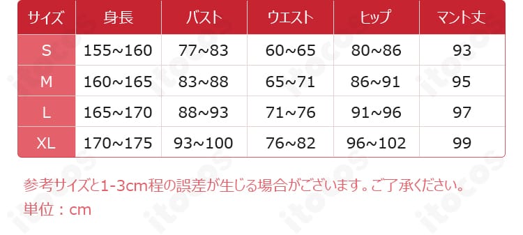 リバース：1999 エニセイ コスプレ衣装 サイズ表。S〜XLの寸法データを確認できる一覧