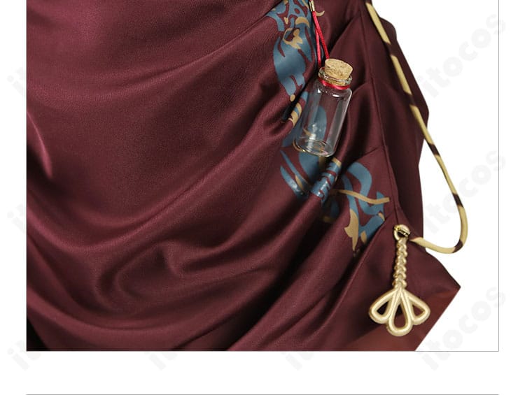 リバース：1999 エニセイ コスプレ衣装 スカート風腰布の装飾ディテール。模様とパーツ配置を詳細に撮影