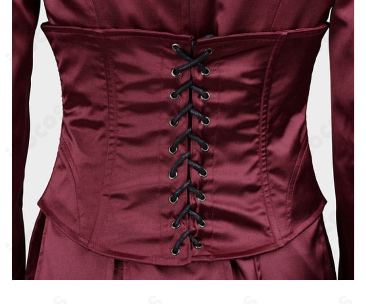 コルセットベルトのディテール。留め部の構成と表面の質感、ウエストラインの演出を捉えた接写。