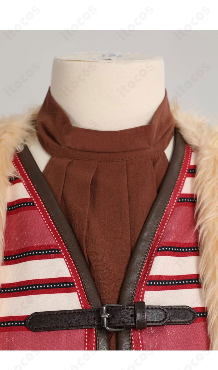 実写版バギー衣装の襟元アップ。門襟の毛皮調トリムとピエロらしい配色を詳細表示。