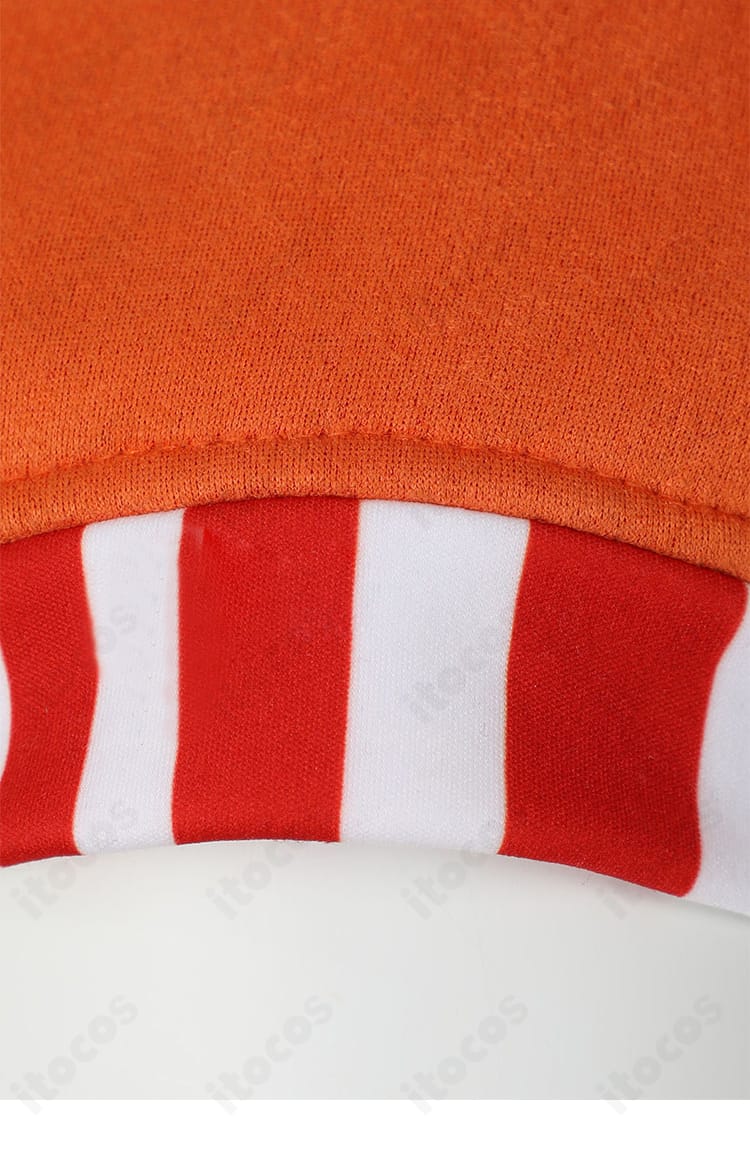 帽子の赤白ストライプ装飾の詳細。色面のコントラストとラインの整いを強調。