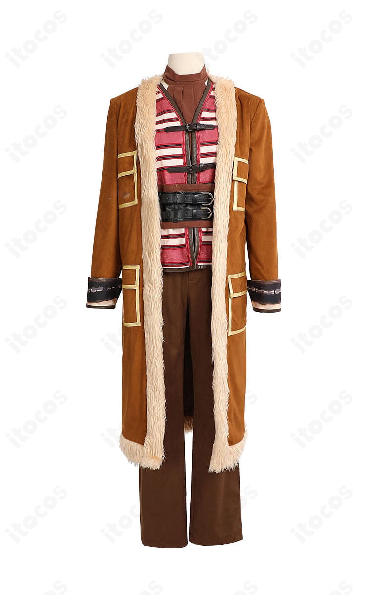 実写ドラマ版ONE PIECE・千両道化のバギー コスプレ衣装の正面全身。毛皮調の襟と赤白ストライプが映えるデザイン。