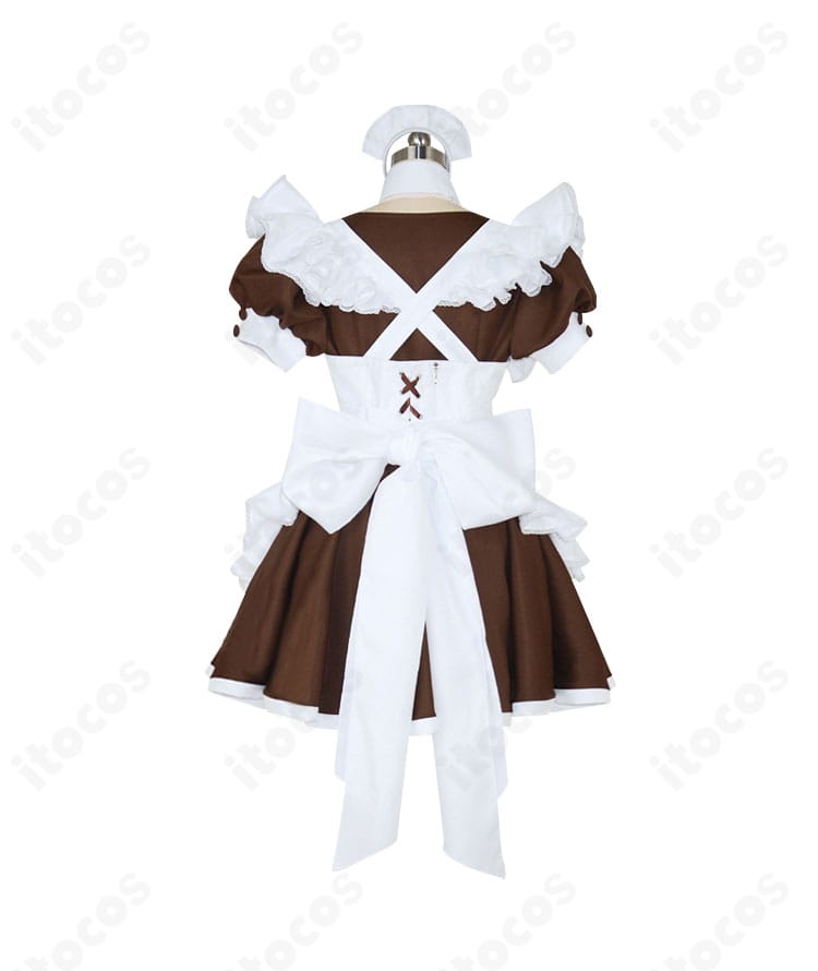 秋葉原メイドカフェ風メイド服のバックスタイル。美しいラインとリボンのディテールが分かる後ろ姿