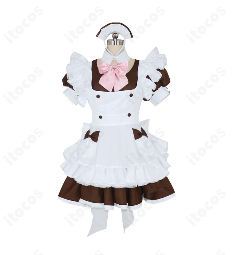 秋葉原テイストのメイドカフェ制服風メイド服。上質な仕立てと発色を強調した近接カット