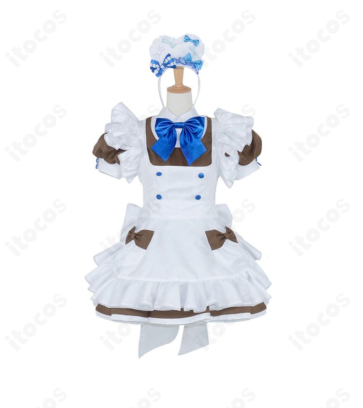 青基調のメイド服コスプレ衣装のフロント。清楚で爽やかなカラーリングが撮影映え