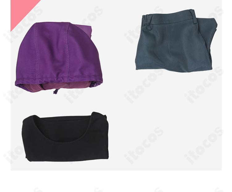 にじさんじ 葛葉 VVSコスプレ衣装 セット内容。コート・ズボン・タンクトップ・タトゥーシールの4点セットを一覧表示（ITOCOS）