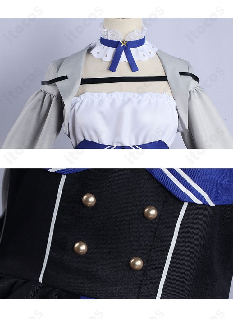 ドキバード衣装の上衣と腰飾りのクローズアップ。刺繍風意匠と装飾パーツの質感が分かるアップ。