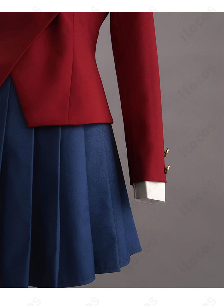 とらドラ！ 逢坂大河 制服コスプレのディテール。スカートのプリーツ、袖口、襟とリボンの縫製を捉えた高精細クローズアップ。