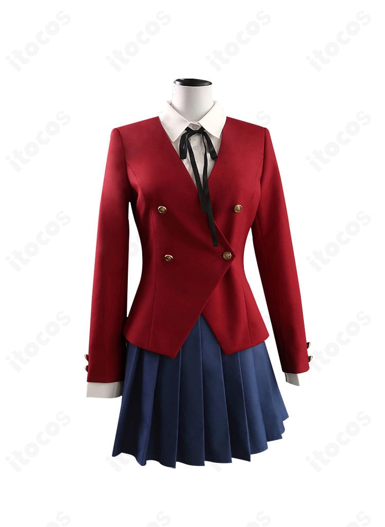 とらドラ！ 逢坂大河 私立大橋高校女子制服コスプレの正面全身。赤ブレザーと紺プリーツ、白シャツとリボンの配色を高精度で再現。