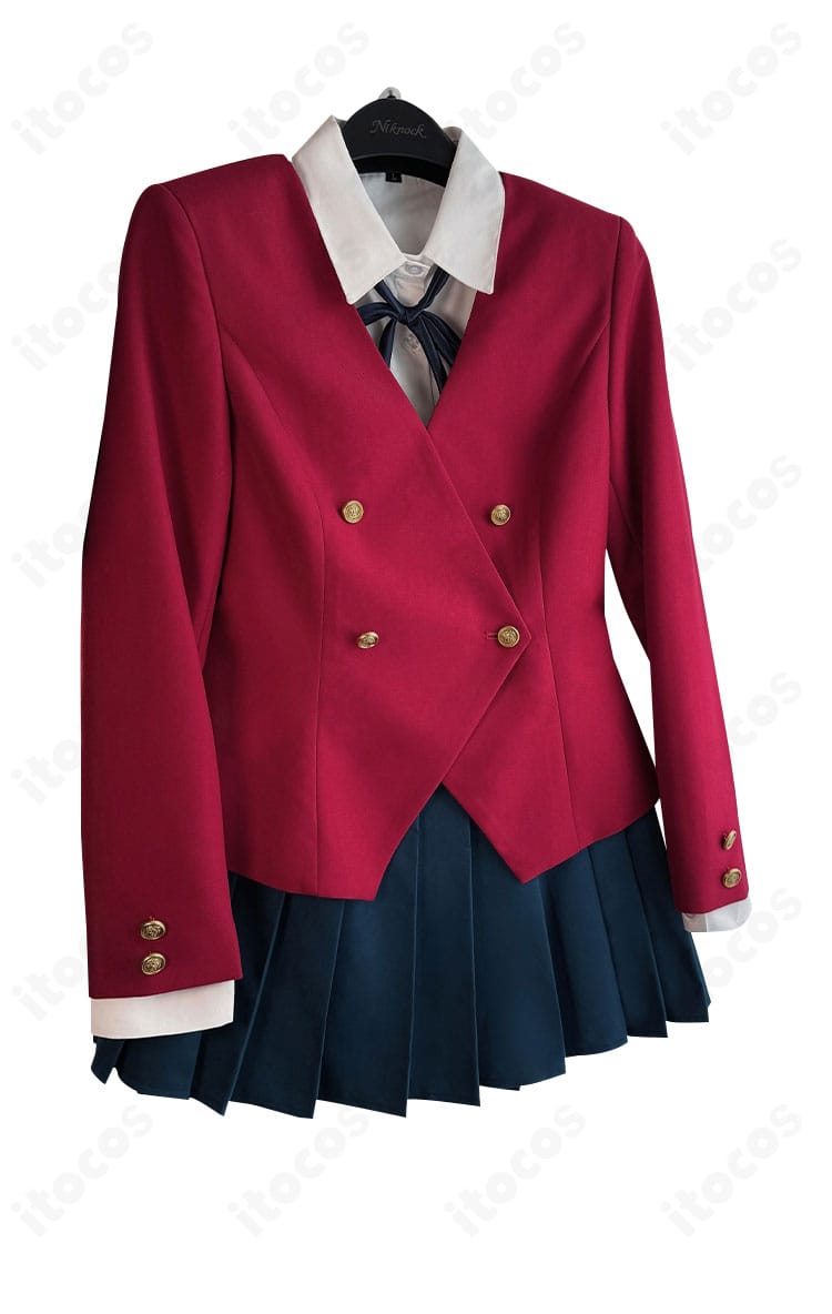 とらドラ！ 逢坂大河 制服コスプレの側面。ブレザーの前開きボタンとウエストライン、スカートのプリーツの落ち感がわかる角度。