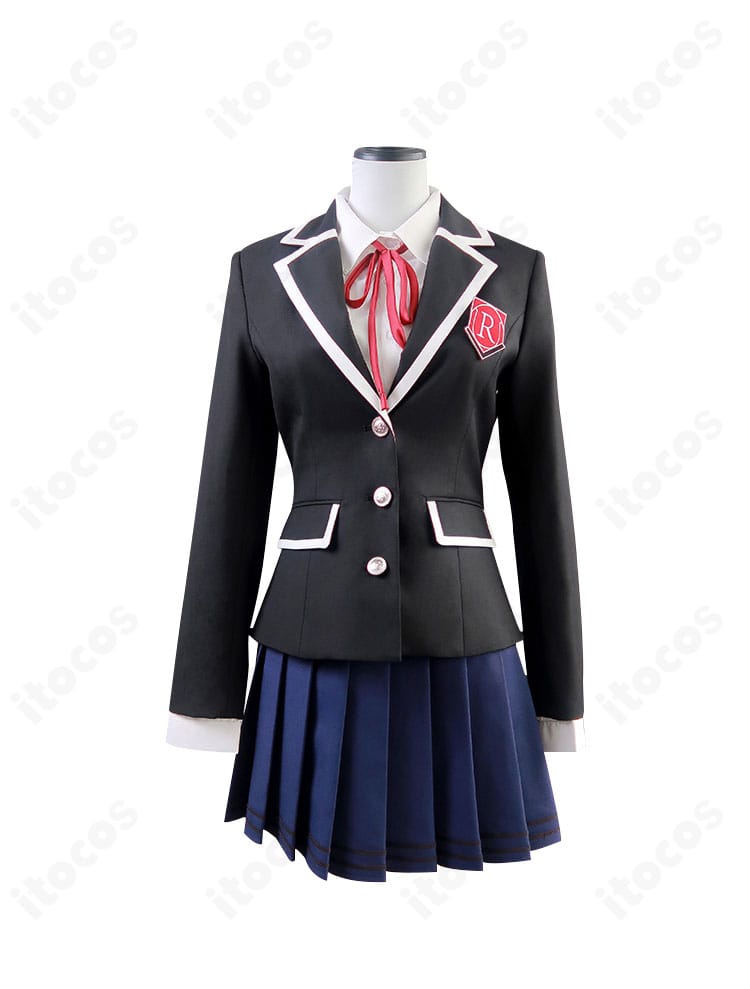 デート・ア・ライブ 夜刀神十香 来禅高校女子制服コスプレ衣装の正面詳細。コートとリボン、胸飾りを備えた学園制服を忠実に再現。清楚で華やかな印象が伝わる全体像。