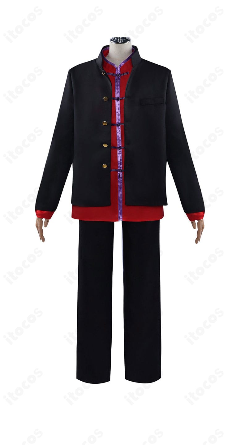 『ぶっちぎり?!』灯荒仁のコスプレ衣装・正面全体。ロングコート風シルエットと赤系ライニングを再現したセットアップ。