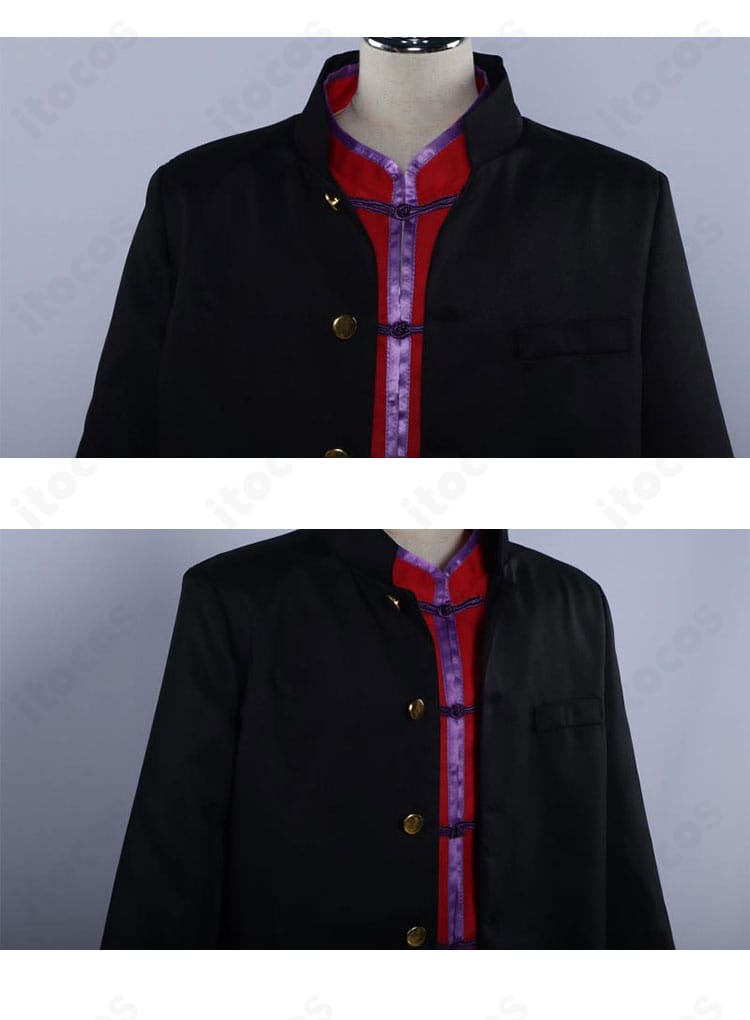 灯荒仁コスプレ衣装の襟元ディテール。形を保つステッチでシャープなラインを強調。