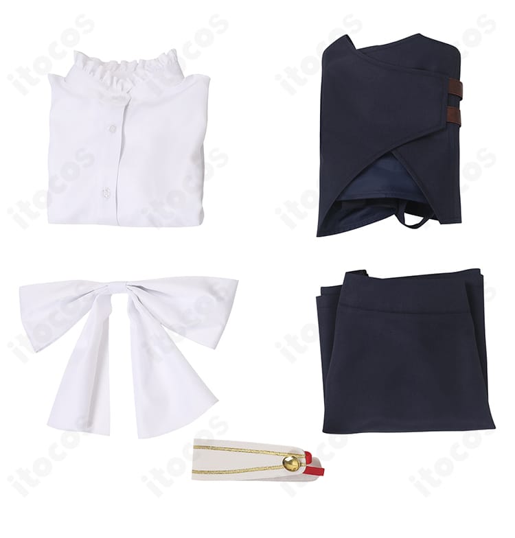 セット内容一覧。シャツ、ベスト、スカート、スカーフ、髪飾りが一目で分かるレイアウト。