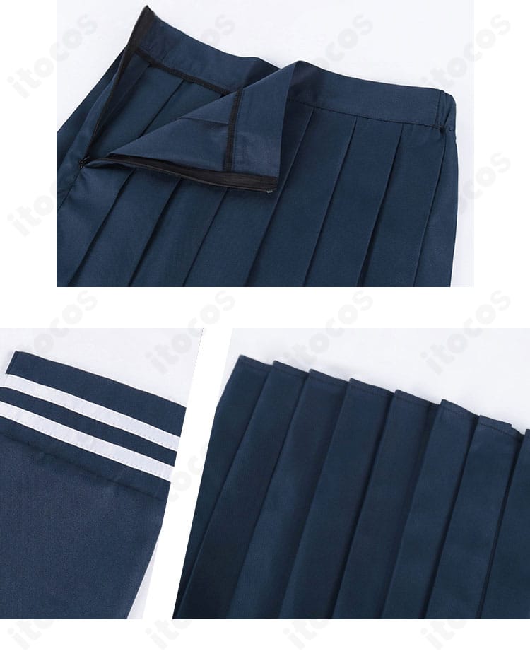 黒江真由 コスプレ衣装のスカート・裾・袖装飾。プリーツの均一さと裾の処理、パイピングの見え方