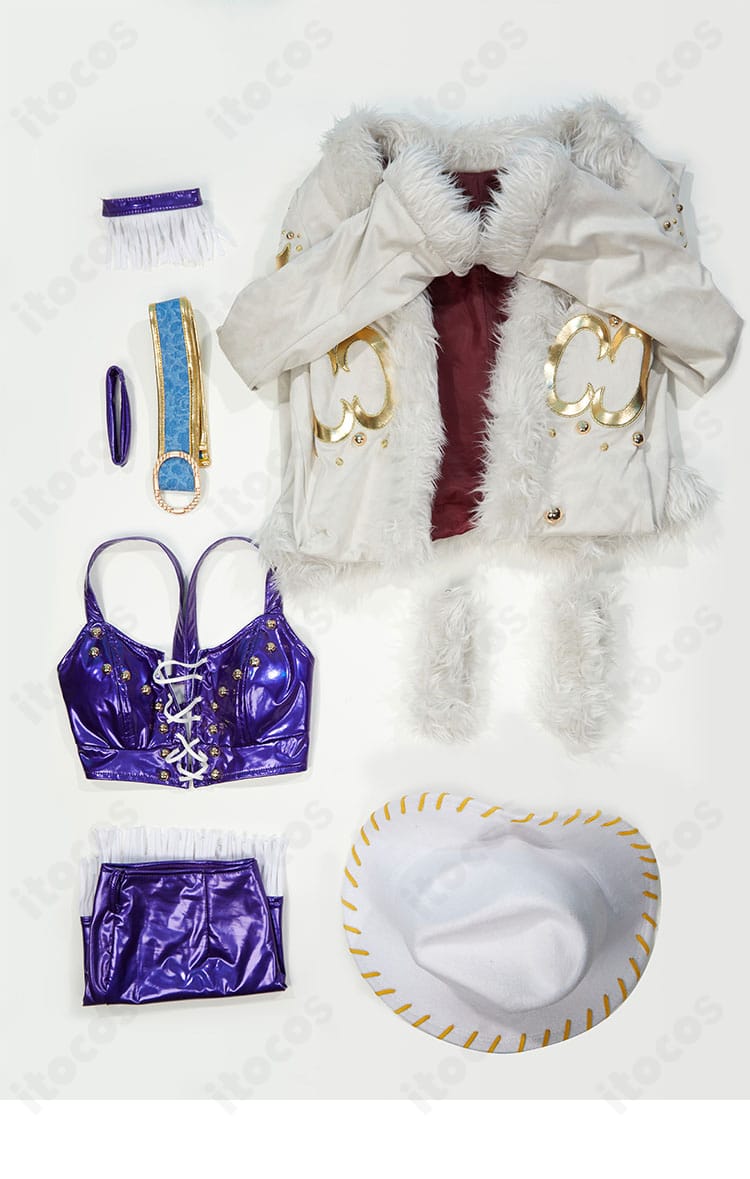 ワンピース・オン・アイス版ニコ・ロビン衣装のセット一式。帽子・コート・内搭・ベルト・スカート・腕飾り・太もも飾り