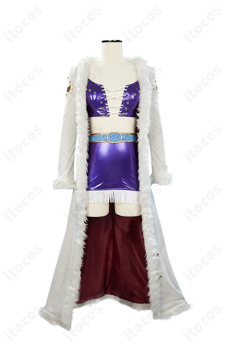 ワンピース・オン・アイス版ニコ・ロビン衣装の正面全体。コートと内搭の配色、装飾を高精度に再現したイメージ