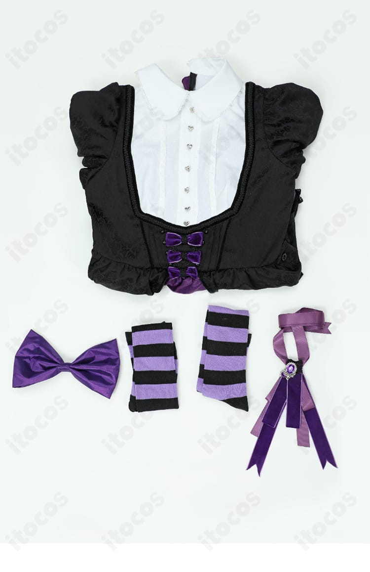 ストッキング衣装のセット内容一式。髪飾り、ワンピース、リボン、靴下、パニエが並んだ確認画像。