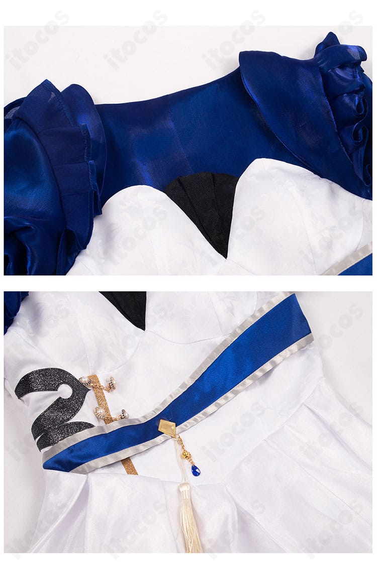 原神 フリーナ同人衣装の襟元と腰封装飾のクローズアップ。チョーカーとウエスト装飾の質感と縫製が分かる。