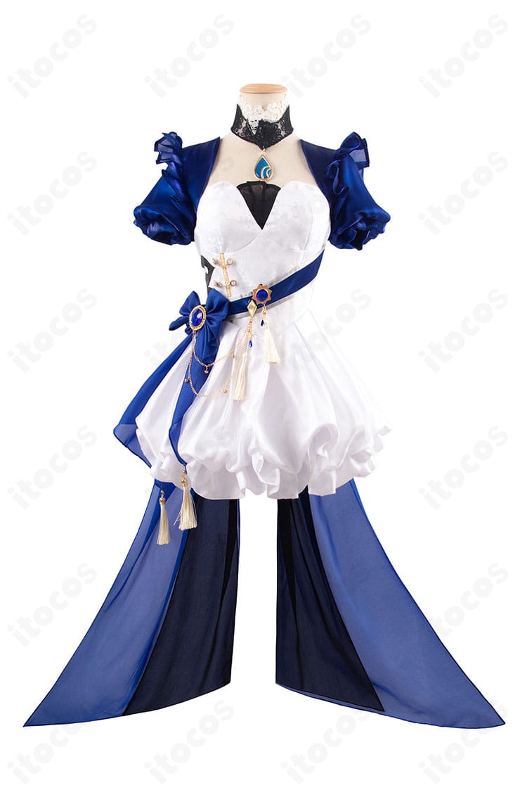 原神 フリーナ 水色アリス同人衣装の正面全体。水色ワンピースと胸元〜ウエストの装飾が見える高再現デザイン。