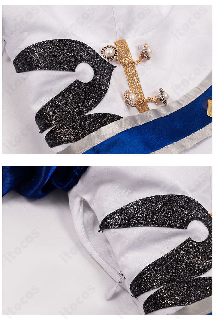 原神 フリーナ同人衣装の腰封装飾アップ。水色×アクセントカラーのパーツ構成と金具ディテールを鮮明に撮影。